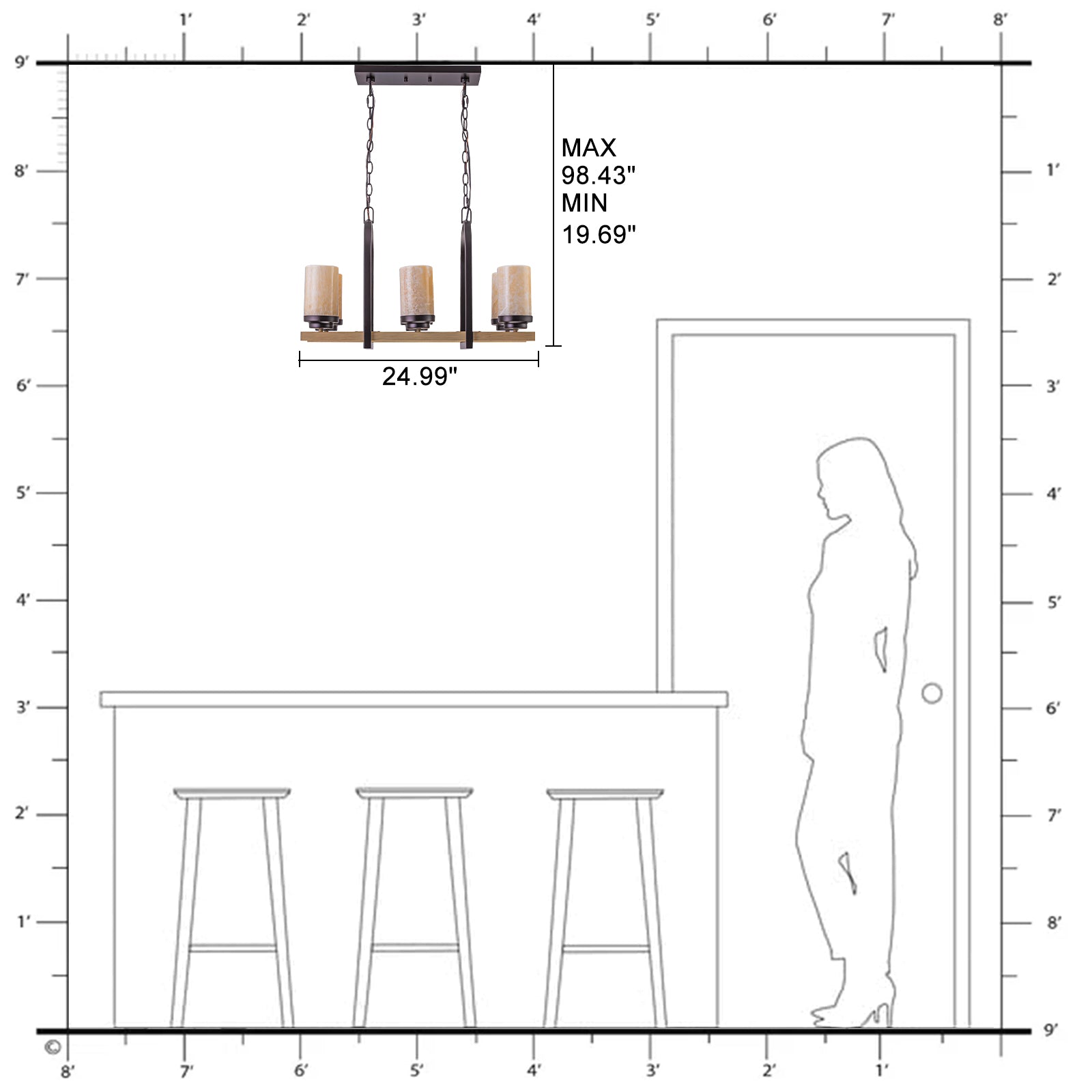 25 in. 6-Light Rustic Industrial Linear Coffee Brown Metal Pendant Light Chandelier with Marble Shades