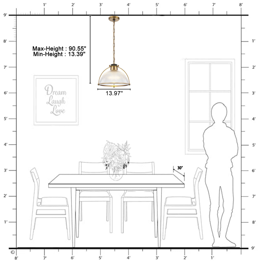 1-Light Industrial Brass Metal Dome Pendant Light with Clear Glass Shade for Kitchen Island, Dining Room
