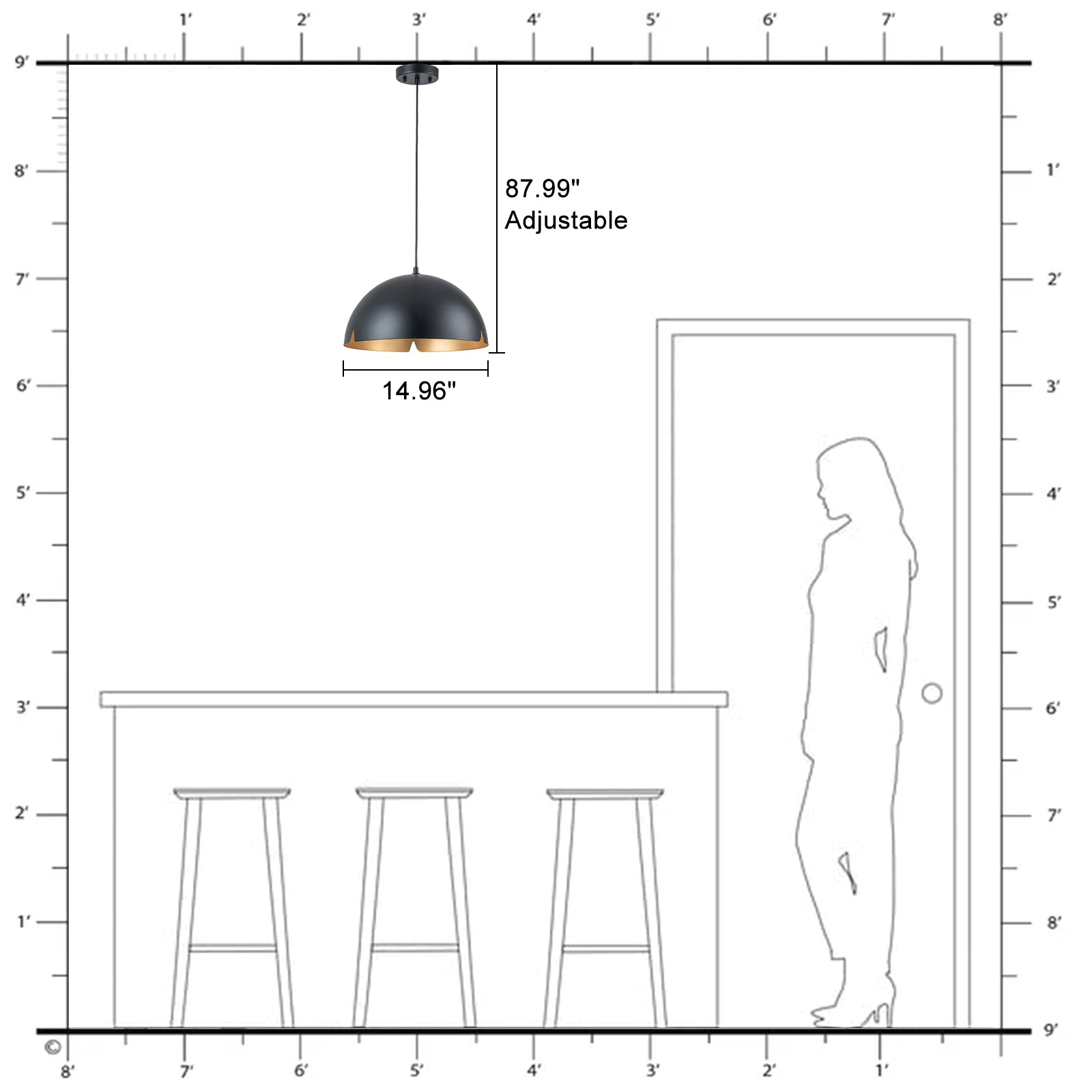14.96 in. 1-Light Industrial Metal Black/White Dome Pendant Light with Iron Shade for Dining Rooms, Kitchens