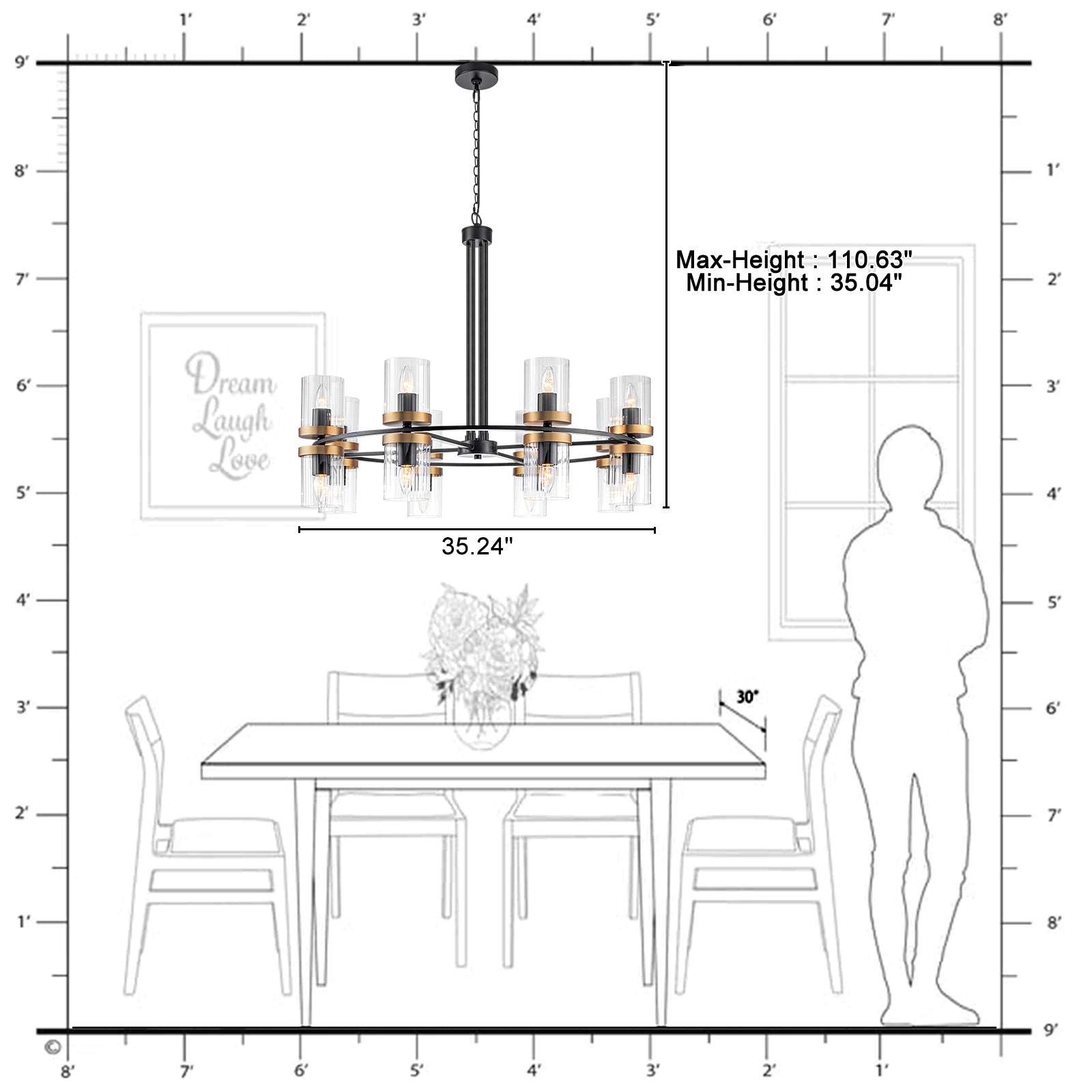 35.24 in. 16-Light Modern Luxury Black Gold Iron Chandelier Pendant Lighting with Glass Shades for Living Room, Dining