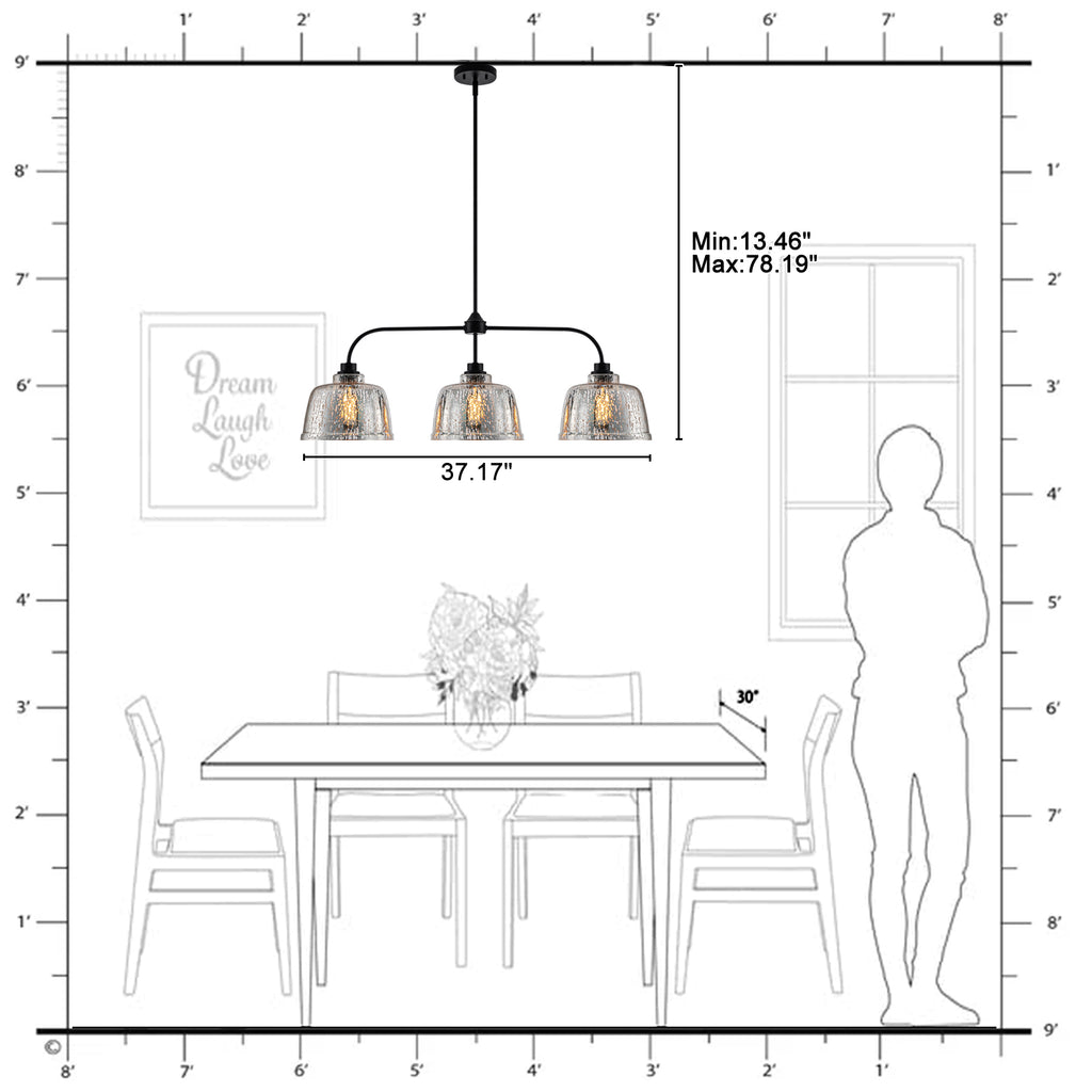 39 in. 3-Light Modern Matte Black Linear Chandelier with Textured Glass Shades for Kitchen Island