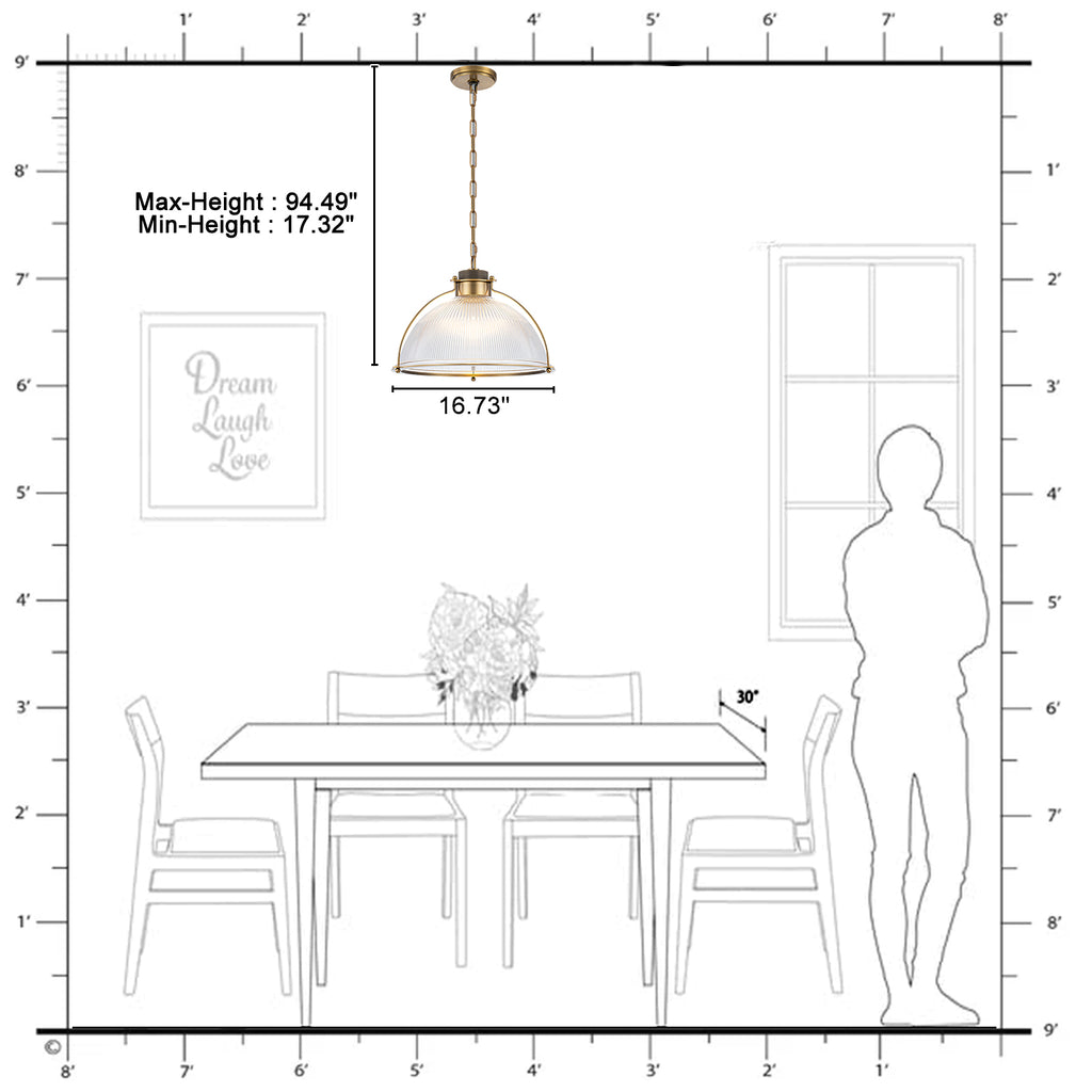 1-Light Industrial Brass Metal Dome Pendant Light with Clear Glass Shade for Kitchen Island, Dining Room