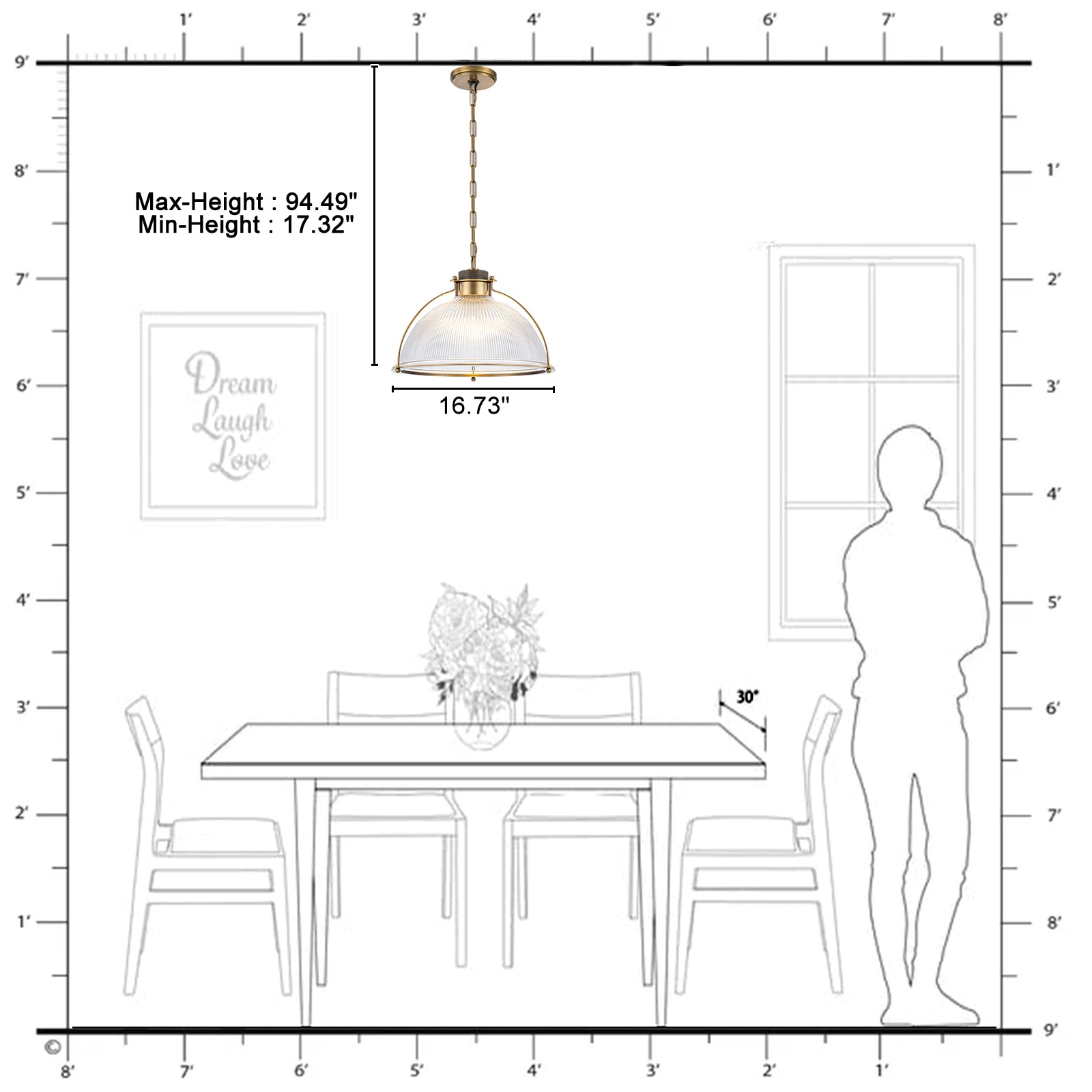 1-Light Industrial Brass Metal Dome Pendant Light with Clear Glass Shade for Kitchen Island, Dining Room