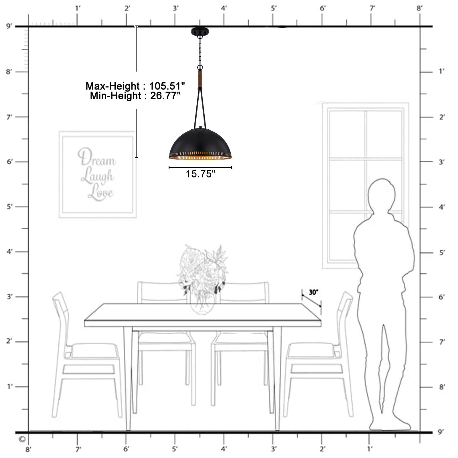 15.75 in. 3-Light Vintage Industrial Metal Dome Pendant Light Chandelier with Iron Shade for Kitchen, Dining