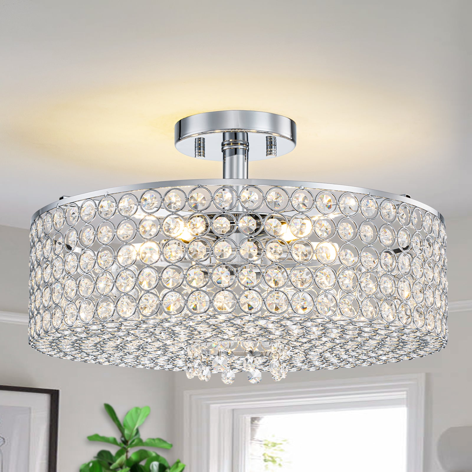 5-Light Chrome Round Modern Semi-Flush Mount Ceiling Light with Beaded Drum Crystal Shade for Living Room