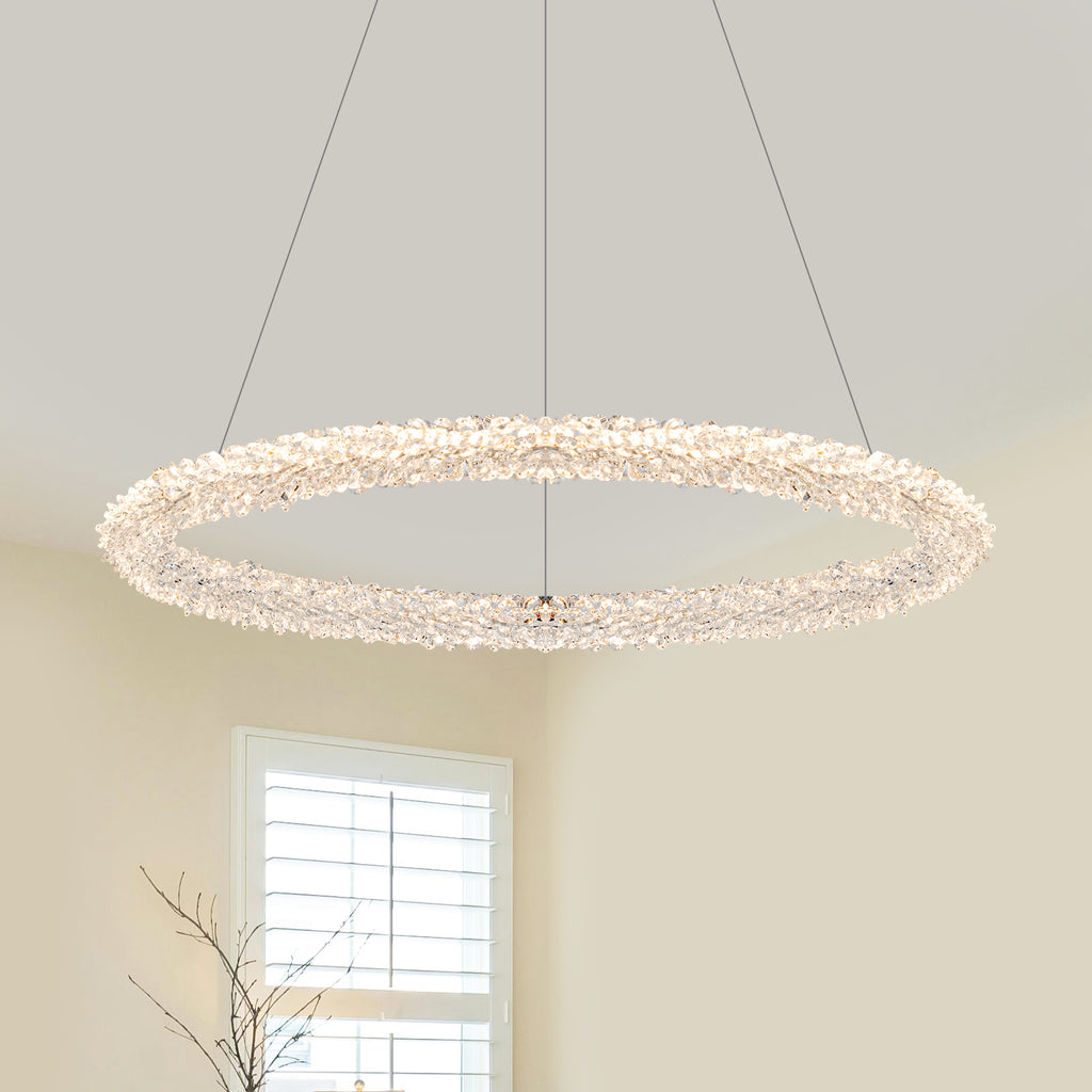 1-Light Modern Gold Metal Ring Crystal Integrated LED Pendant Light Dimmable Chandelier for Dining Room