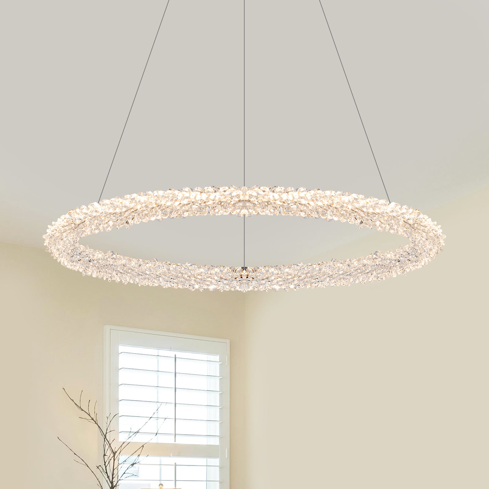 1-Light Modern Gold Metal Ring Crystal Integrated LED Pendant Light Dimmable Chandelier for Dining Room
