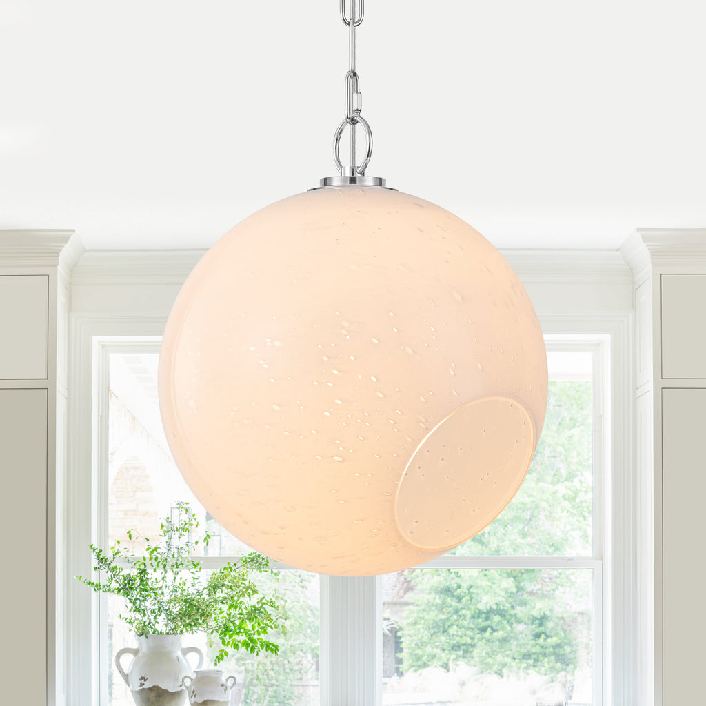 Chrome Modern Globe Hanging Pendant Light with White Bubble Glass Shade for Kitchen Island, Dining
