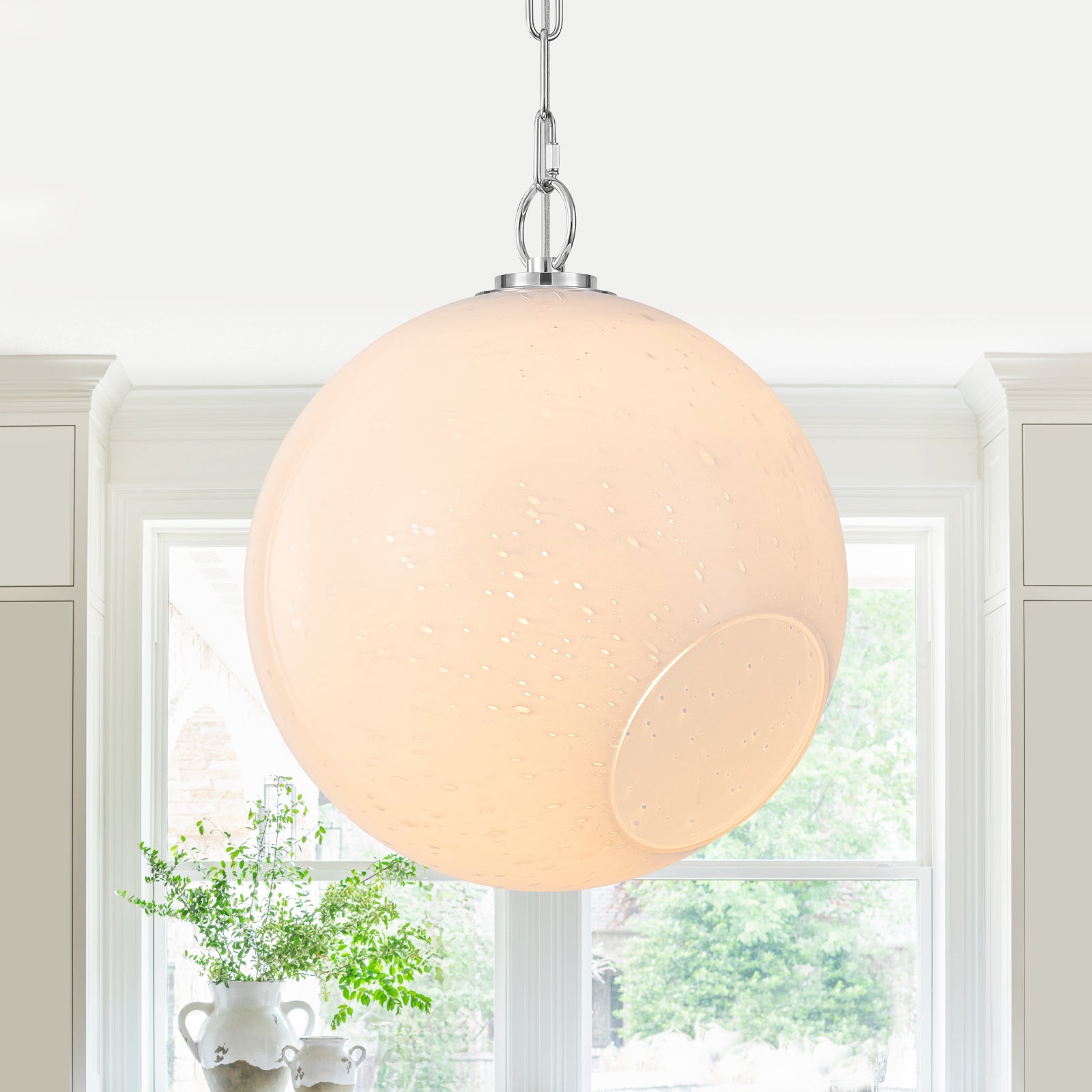 Chrome Modern Globe Hanging Pendant Light with White Bubble Glass Shade for Kitchen Island, Dining