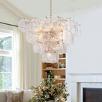 24 in. 13-Light Modern Gold Square Tiered Chandelier with Textured Clear Glass Petal Shades for Living Room