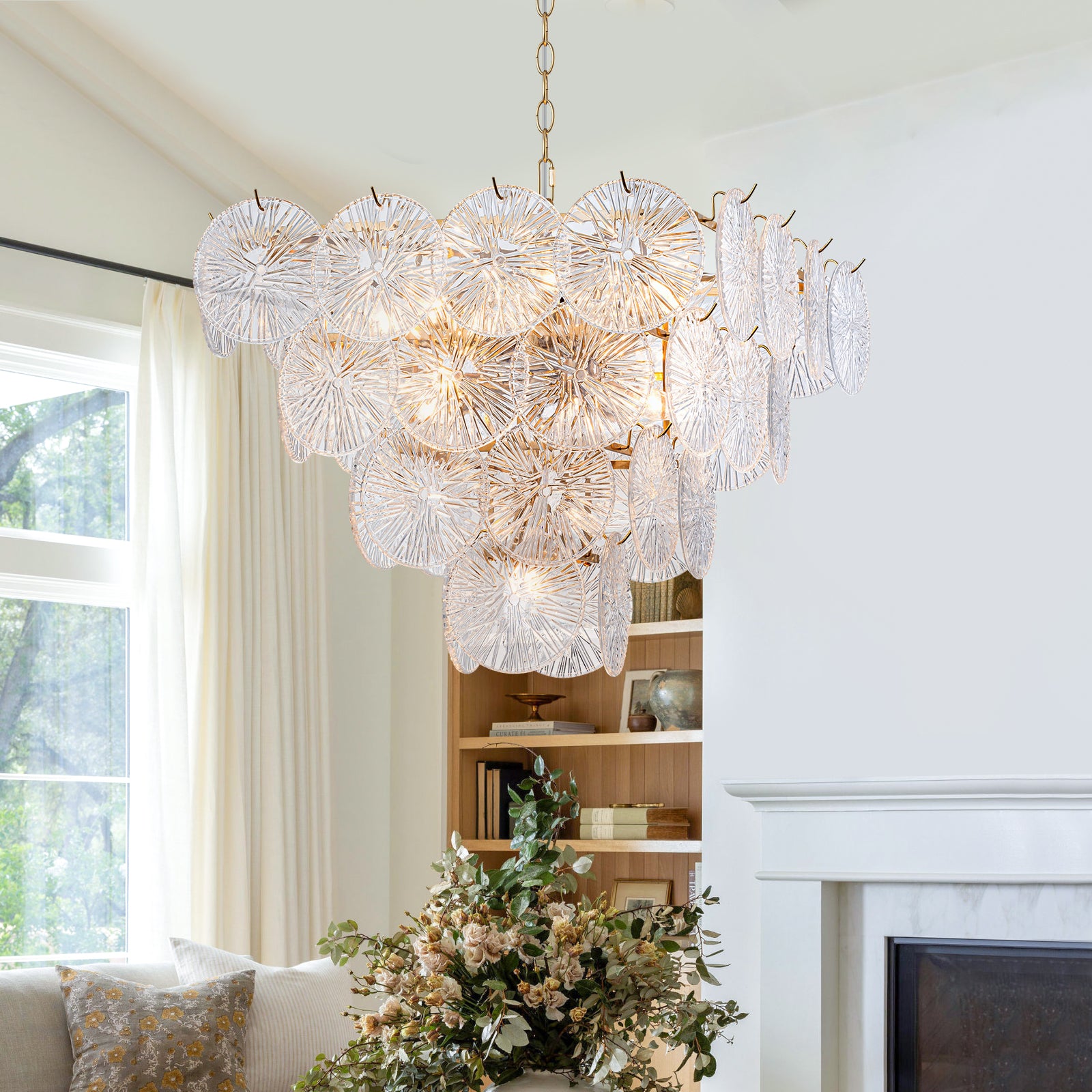 24 in. 13-Light Modern Gold Square Tiered Chandelier with Textured Clear Glass Petal Shades for Living Room