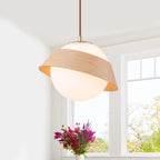 10.63 in. 1-Light Wooden Globe Hanging Pendant Light with White Glass Shade for Kitchen Island, Bedroom
