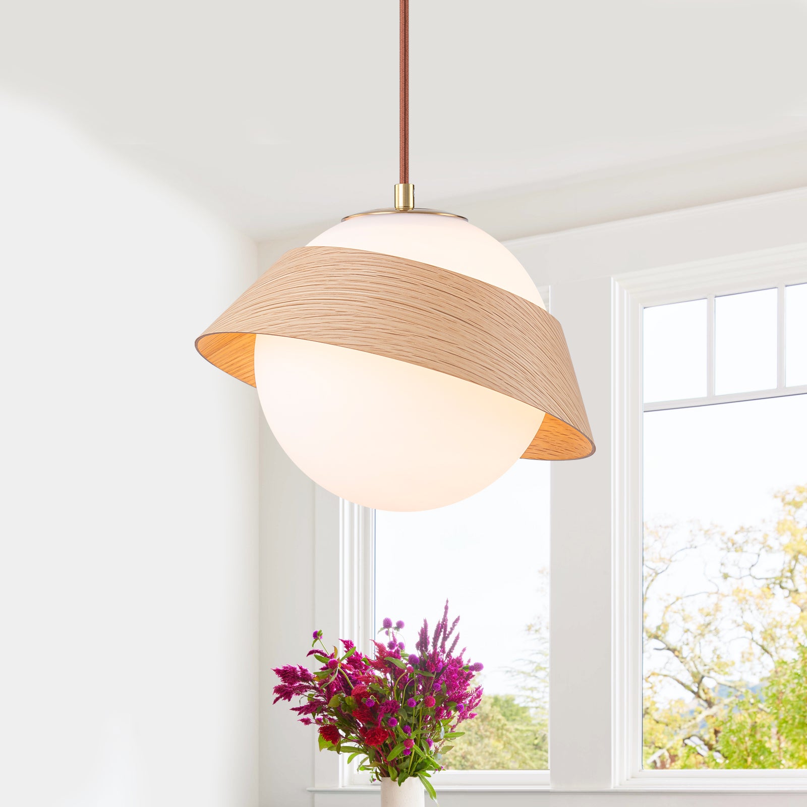 10.63 in. 1-Light Wooden Globe Hanging Pendant Light with White Glass Shade for Kitchen Island, Bedroom