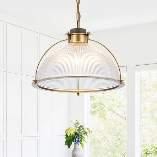 1-Light Industrial Brass Metal Dome Pendant Light with Clear Glass Shade for Kitchen Island, Dining Room