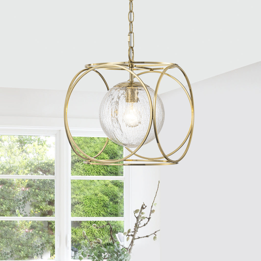 11.5 in. 1-Light Modern Copper Metal Pendant Light with Clear Crackle Globe Glass Shade for Kitchen Island, Dining Room