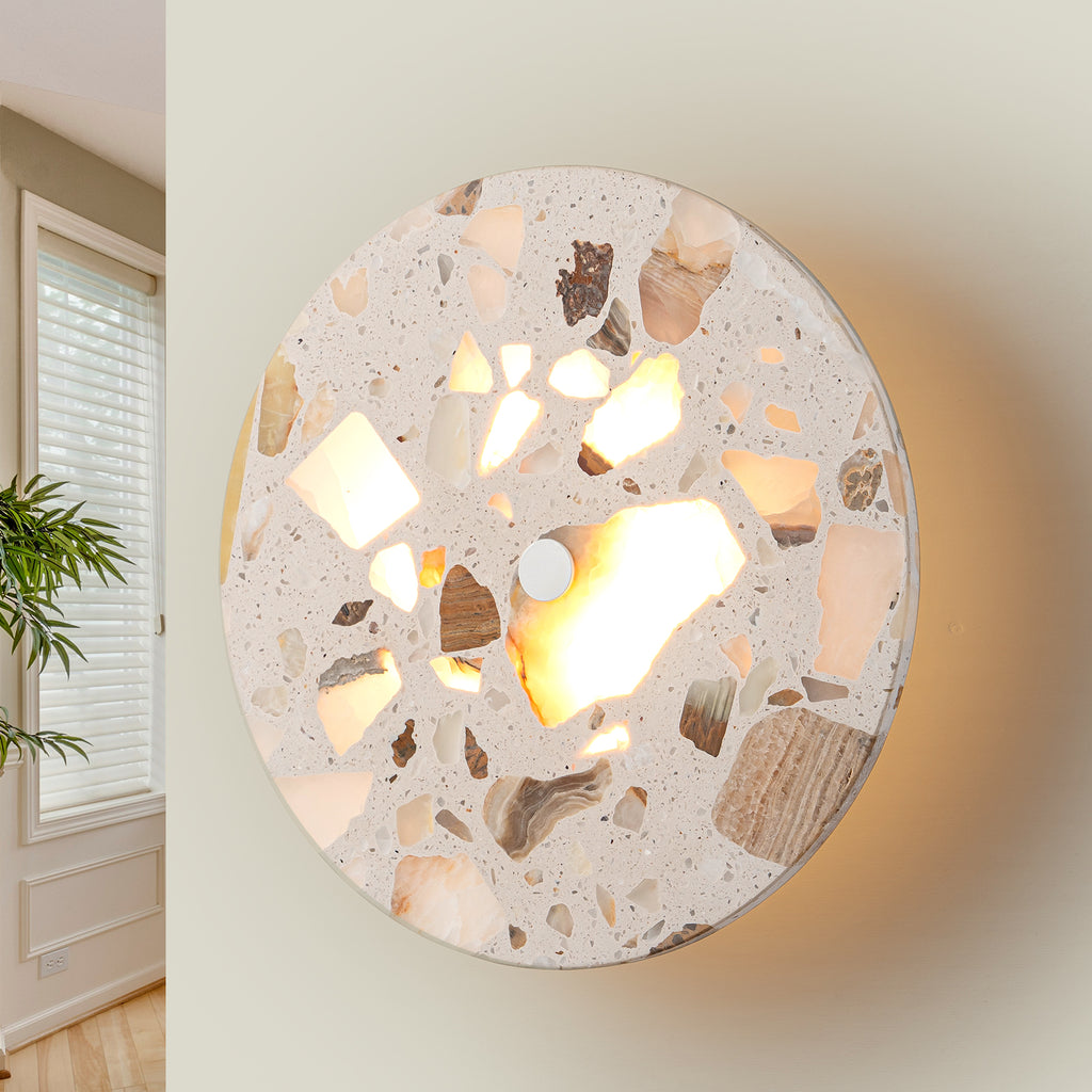 8.07 in. 1-Light Modern Round Dimmable LED Wall Sconce Light with Mable Terrazzo Shade for Bedroom Foyer Hallway