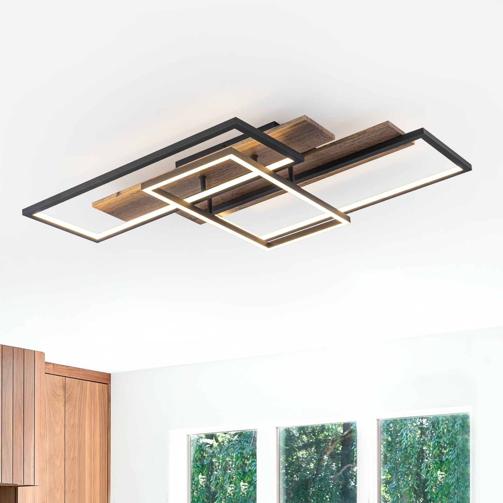 3-Light 26.77 in. Modern Black and Wood Dimmable Integrated LED Flush Mount Ceiling Light