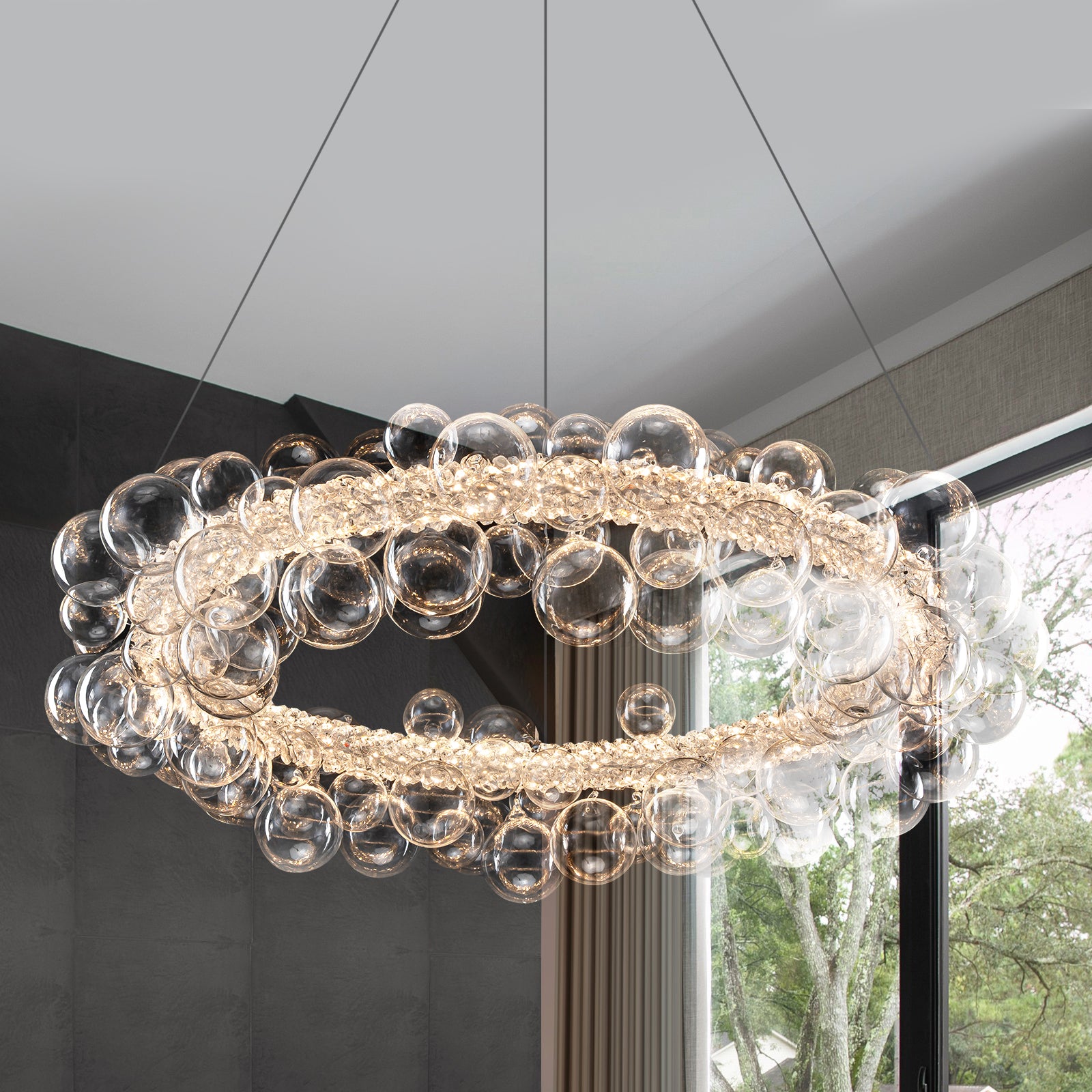 1-Light Gold Modern Round Globe Crystal Integrated LED Chandelier Dimmable Pendant Light with Glass Bubbles
