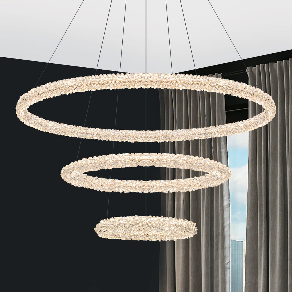 3-Light Modern Gold Ring Dimmable Integrated LED Chandelier Tiered Pendant Light with Crystal for Dining Room