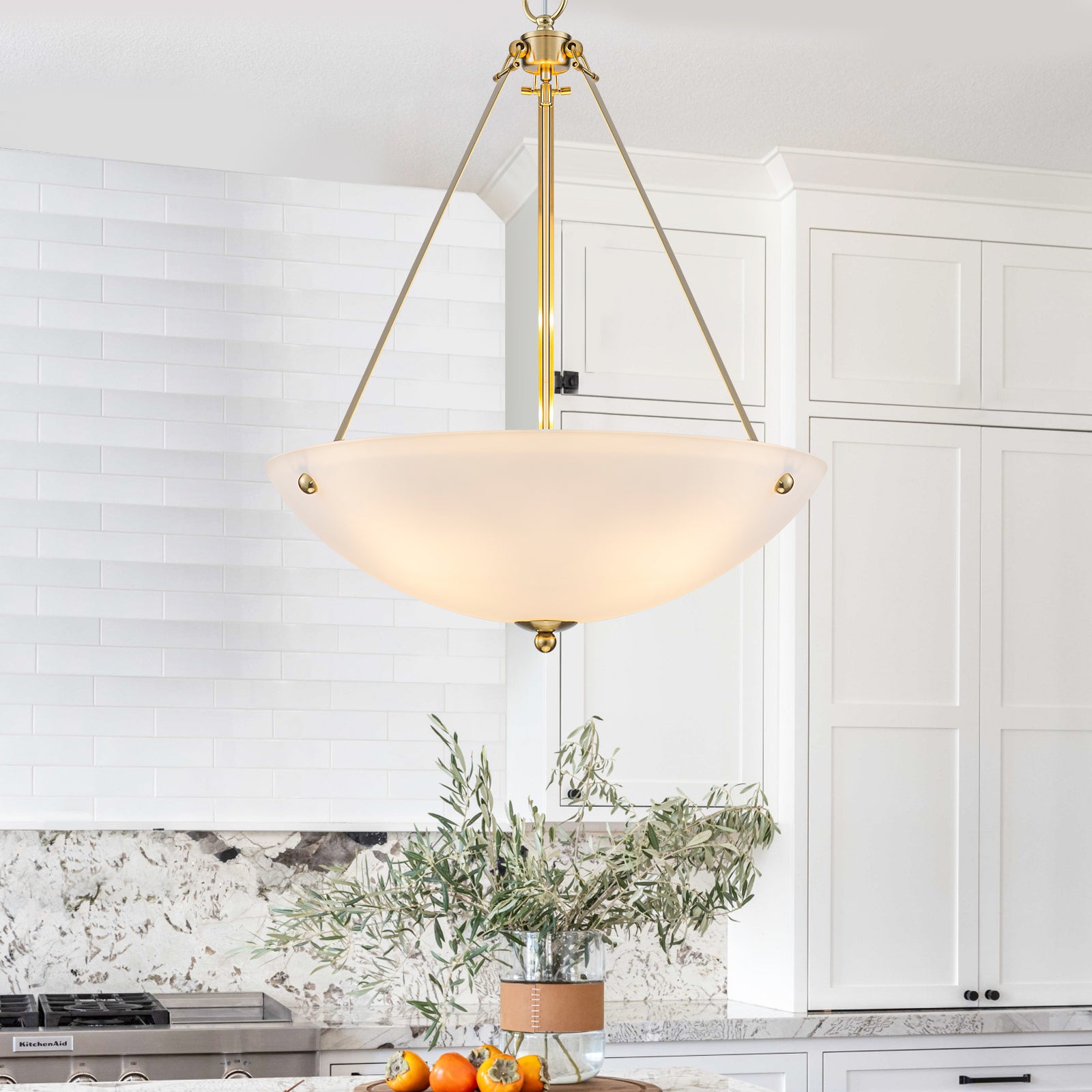 19.69 in. 4-Light Modern Farmhouse Gold Metal Bowl Island Pendant Light with White Glass Shade for Kitchen
