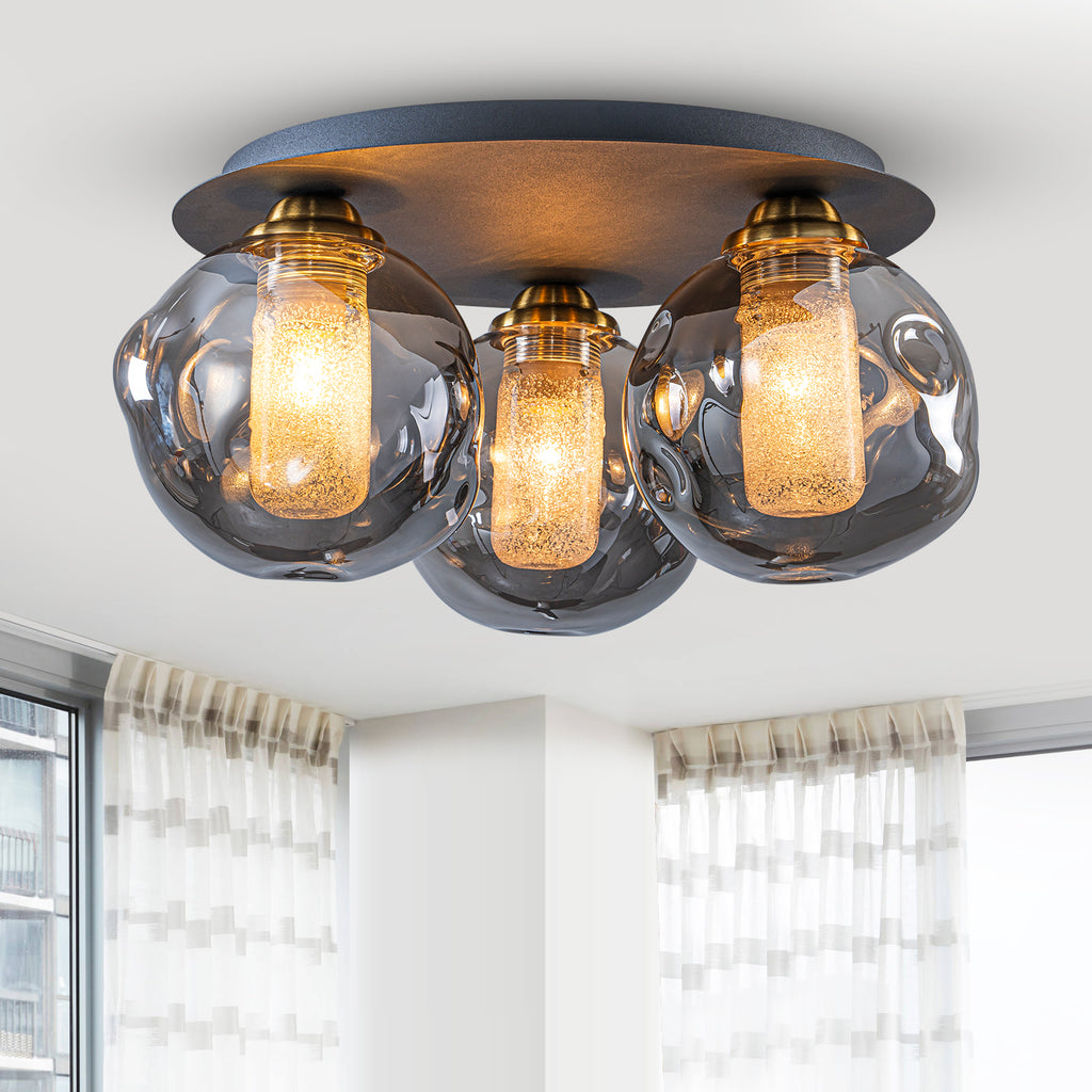 17.7 in. 3-Light Modern Black Metal Flush Mount Ceiling Light with Globe Smoky Gray Glass Shades for Dining Roo