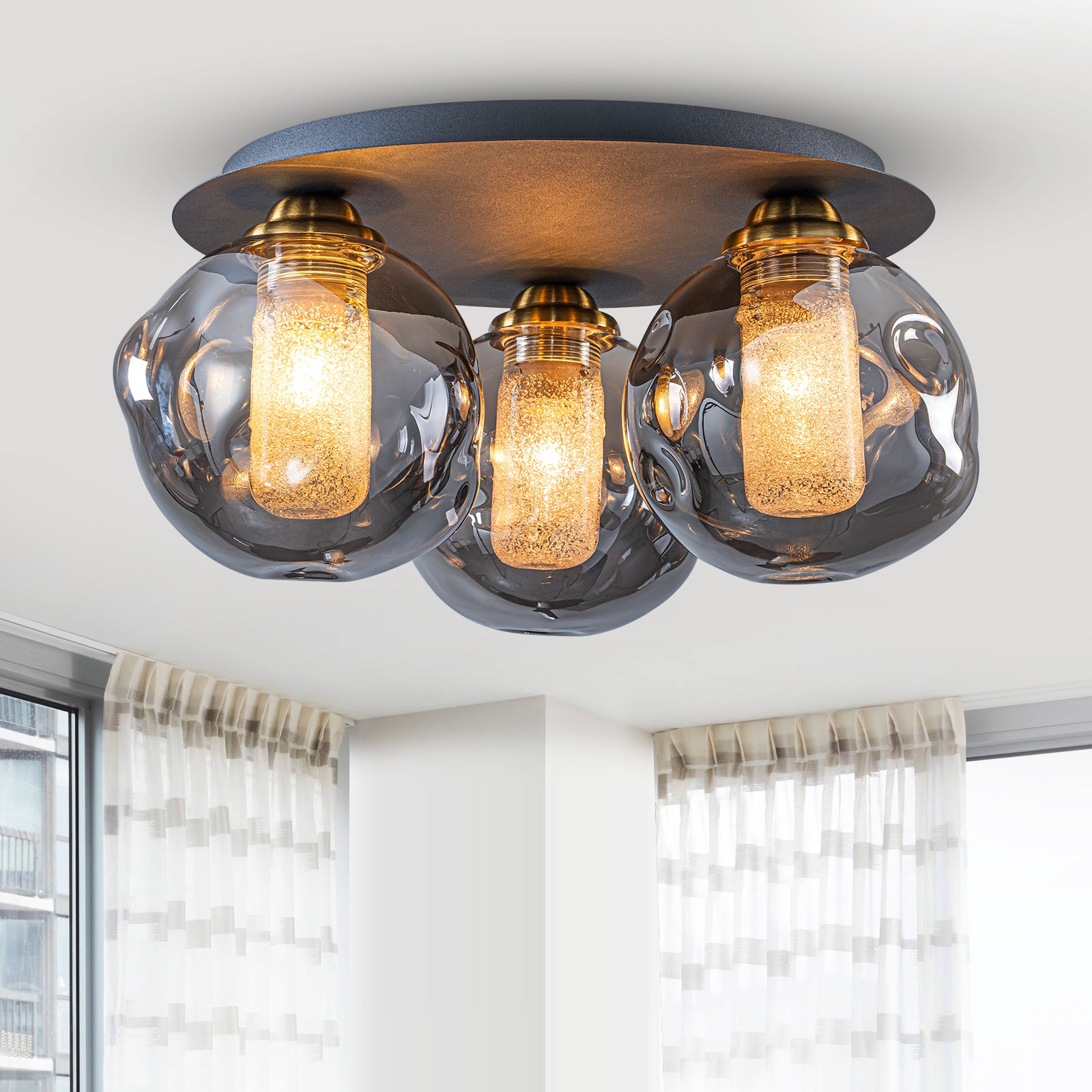 17.7 in. 3-Light Modern Black Metal Flush Mount Ceiling Light with Globe Smoky Gray Glass Shades for Dining Roo