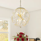 6-Light Modern Metal Gold Globe Cage Chandelier with Glass Flower Shade for Living Room, Dining, Bedroom