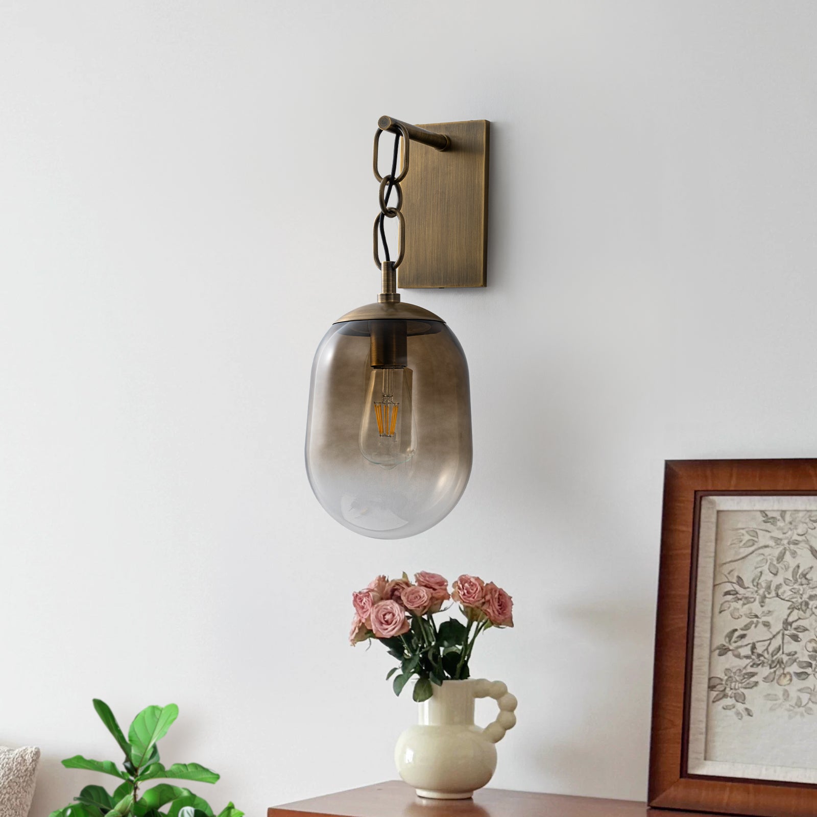 7.09 in. 1-Light Antique Metal Wall Sconce with Oval Gradient Color Glass Shade for Bedroom, Bathroom, Hallway