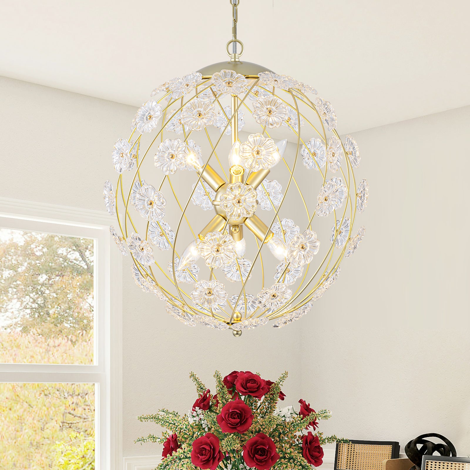 6-Light Modern Metal Gold Globe Cage Chandelier with Glass Flower Shade for Living Room, Dining, Bedroom