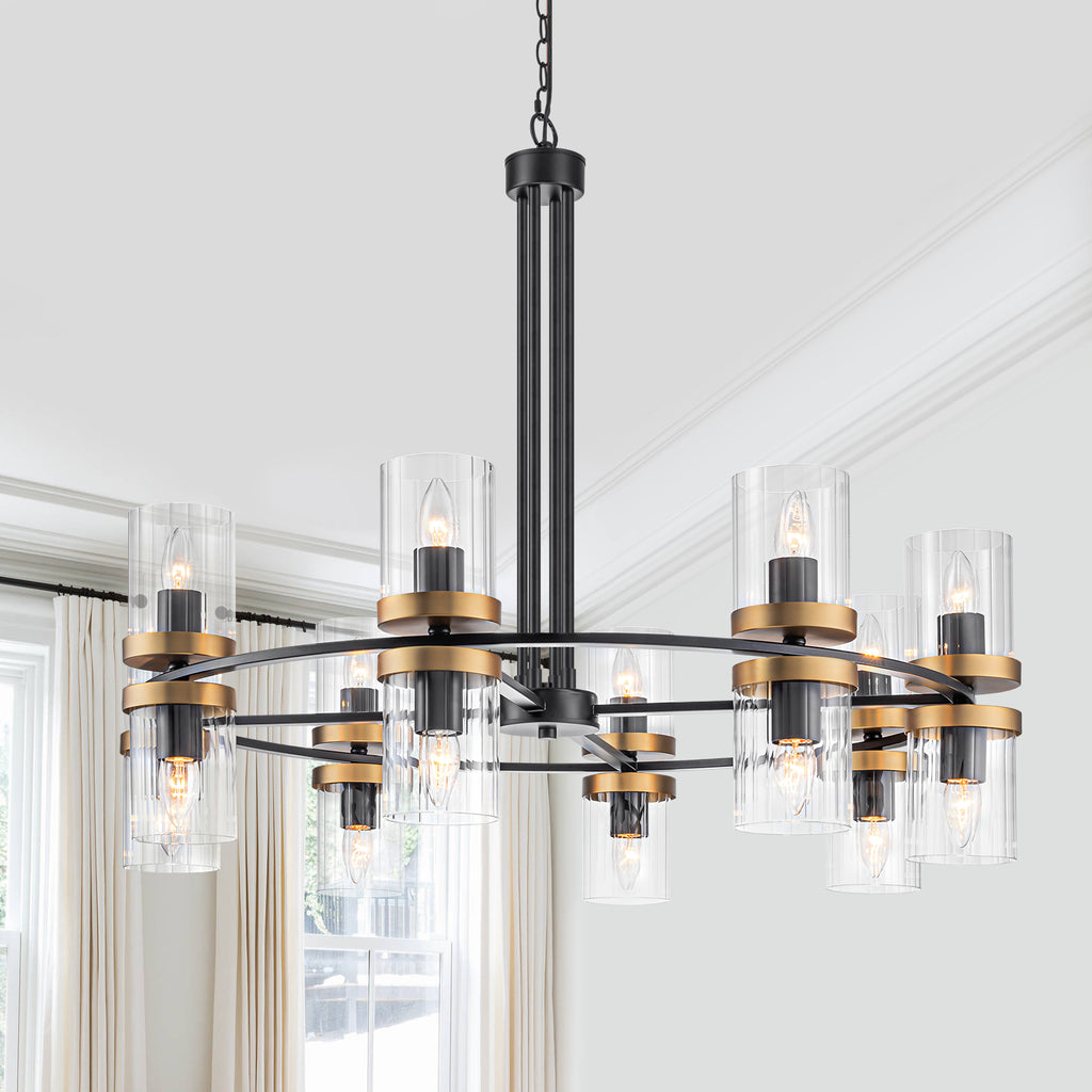 35.24 in. 16-Light Modern Luxury Black Gold Iron Chandelier Pendant Lighting with Glass Shades for Living Room, Dining