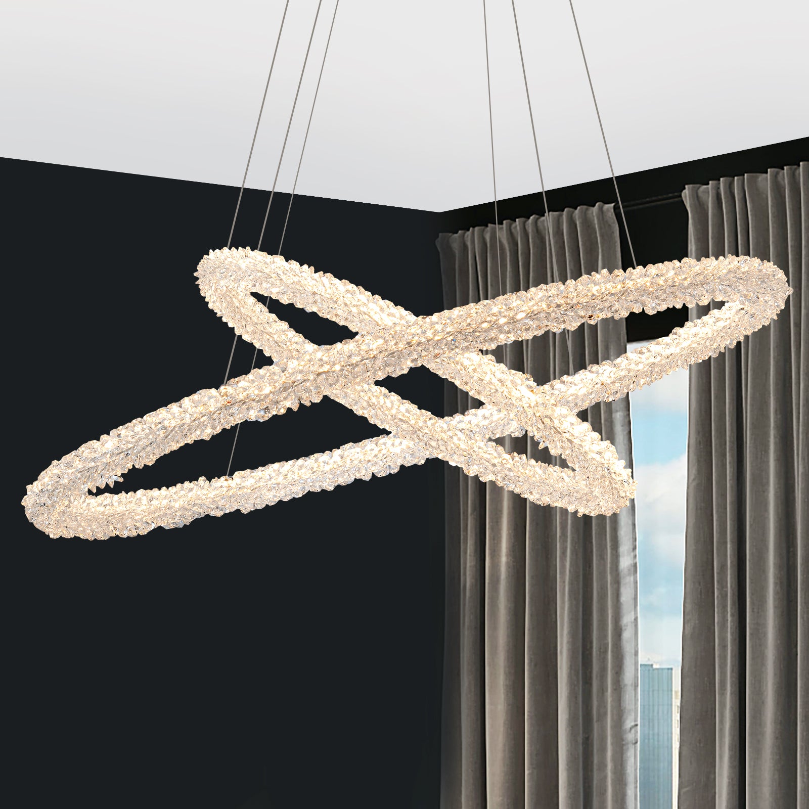 2-Light Modern Gold Double Ring Dimmable Integrated LED Chandelier Tiered Pendant Light with Crystal for Dining Room
