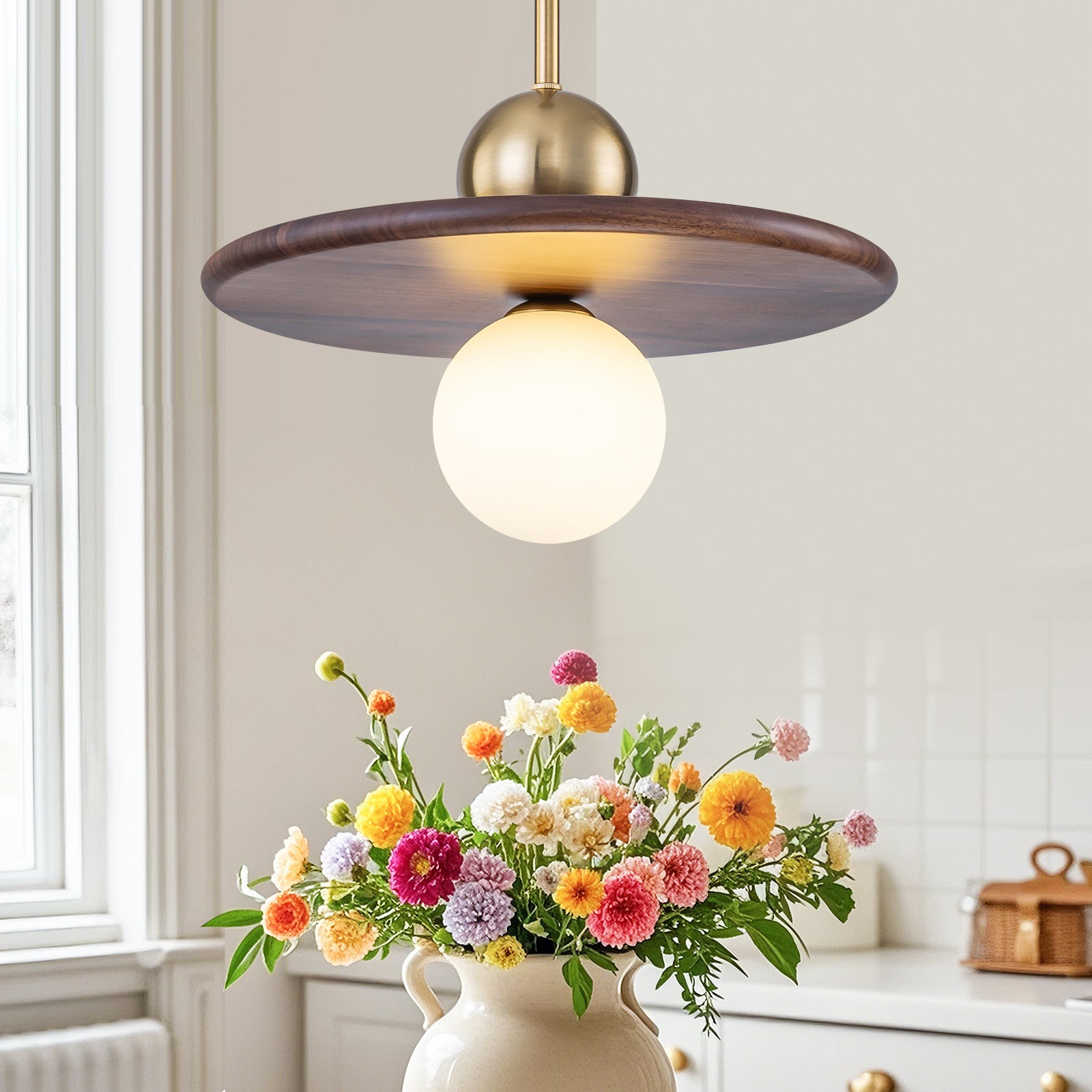 25-Watt 1-Light Modern Gold and Wood Pendant Light with White Globe Glass Shade for Bedroom