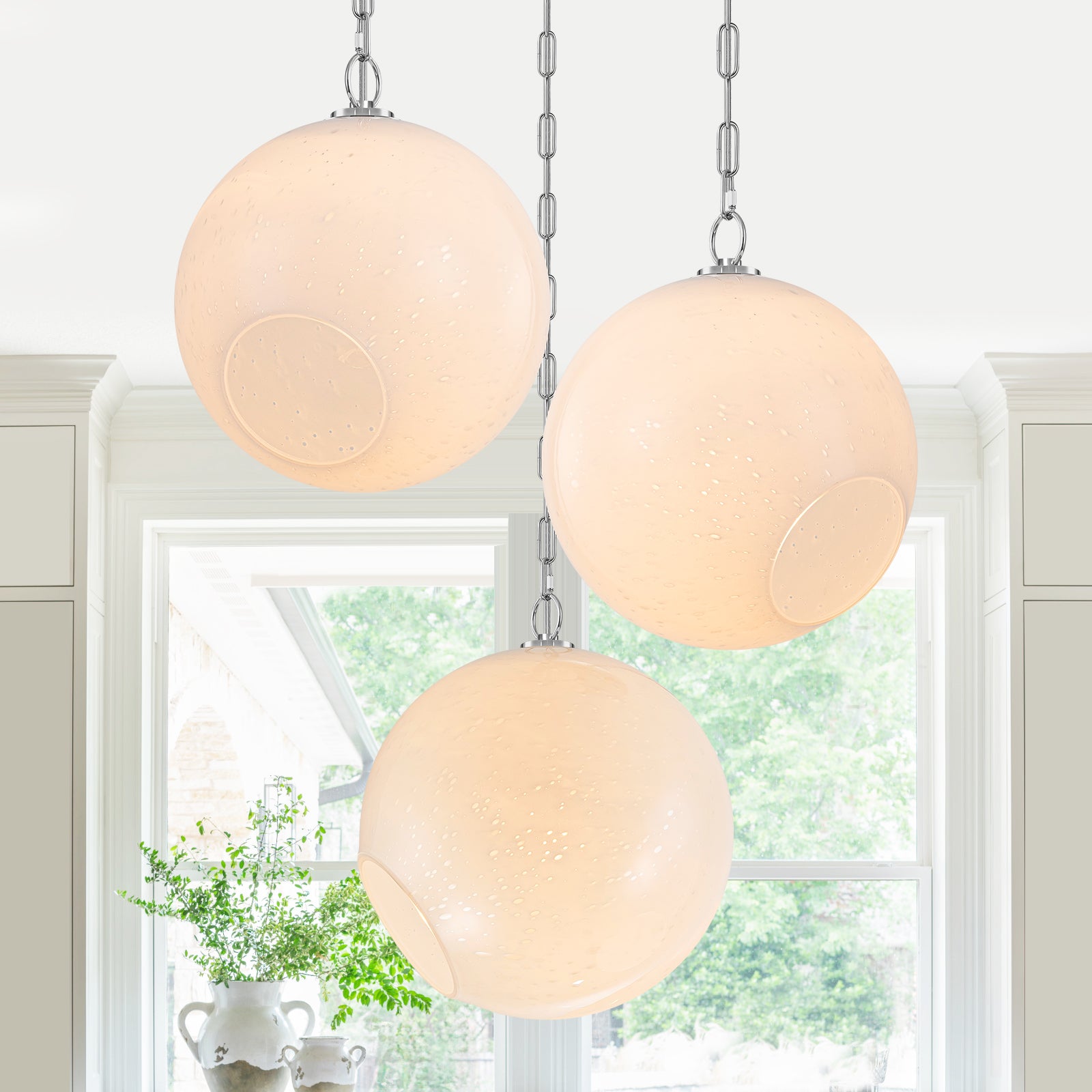 Chrome Modern Globe Hanging Pendant Light with White Bubble Glass Shade for Kitchen Island, Dining