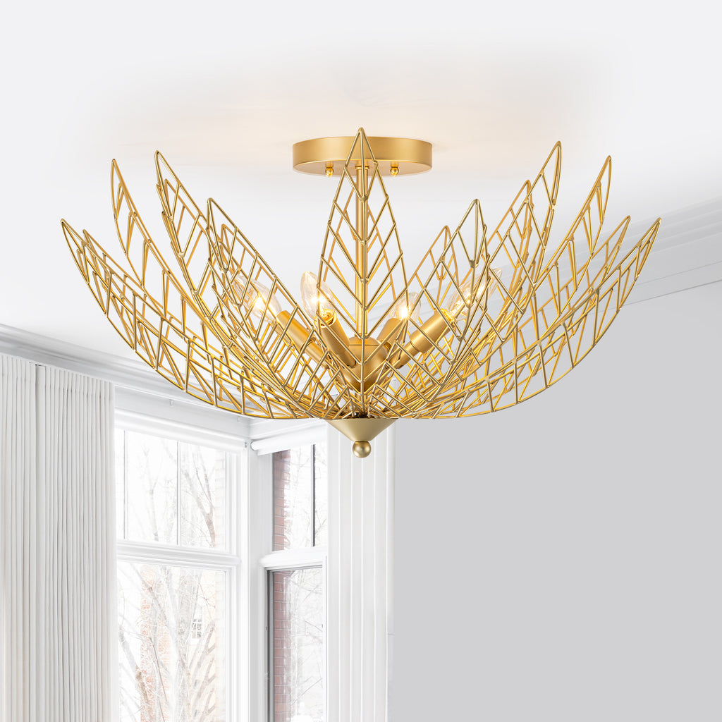 26 in. 4-Light Modern Luxury Gold Bowl Semi-Flush Mount Ceiling Light with Metal Leaf Shade