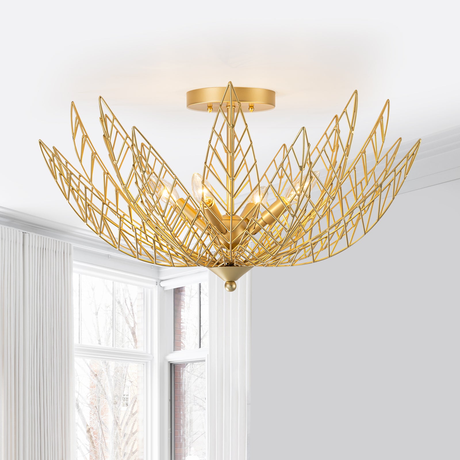 26 in. 4-Light Modern Luxury Gold Bowl Semi-Flush Mount Ceiling Light with Metal Leaf Shade