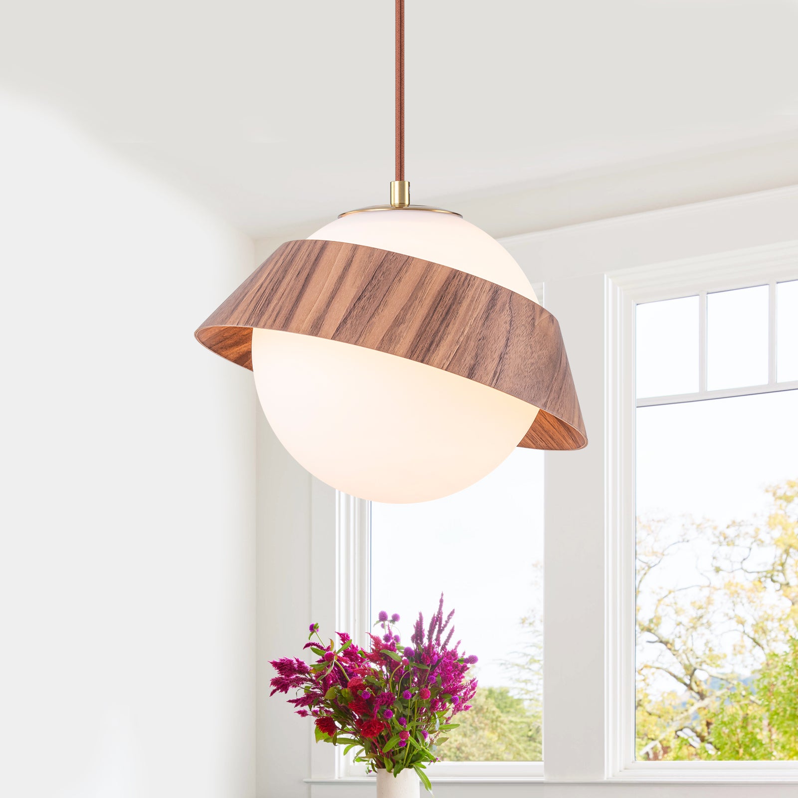 10.63 in. 1-Light Wooden Globe Hanging Pendant Light with White Glass Shade for Kitchen Island, Bedroom