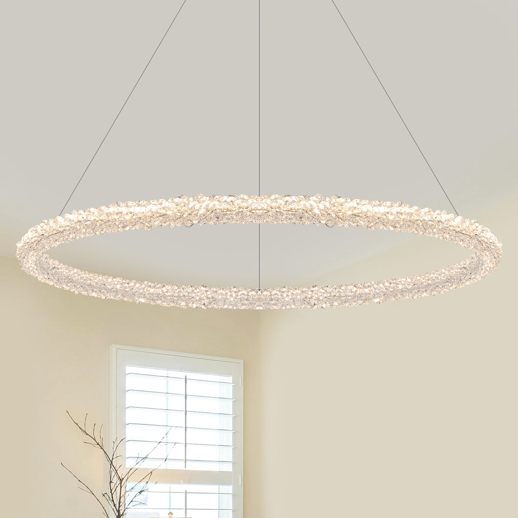 1-Light Modern Gold Metal Ring Crystal Integrated LED Pendant Light Dimmable Chandelier for Dining Room