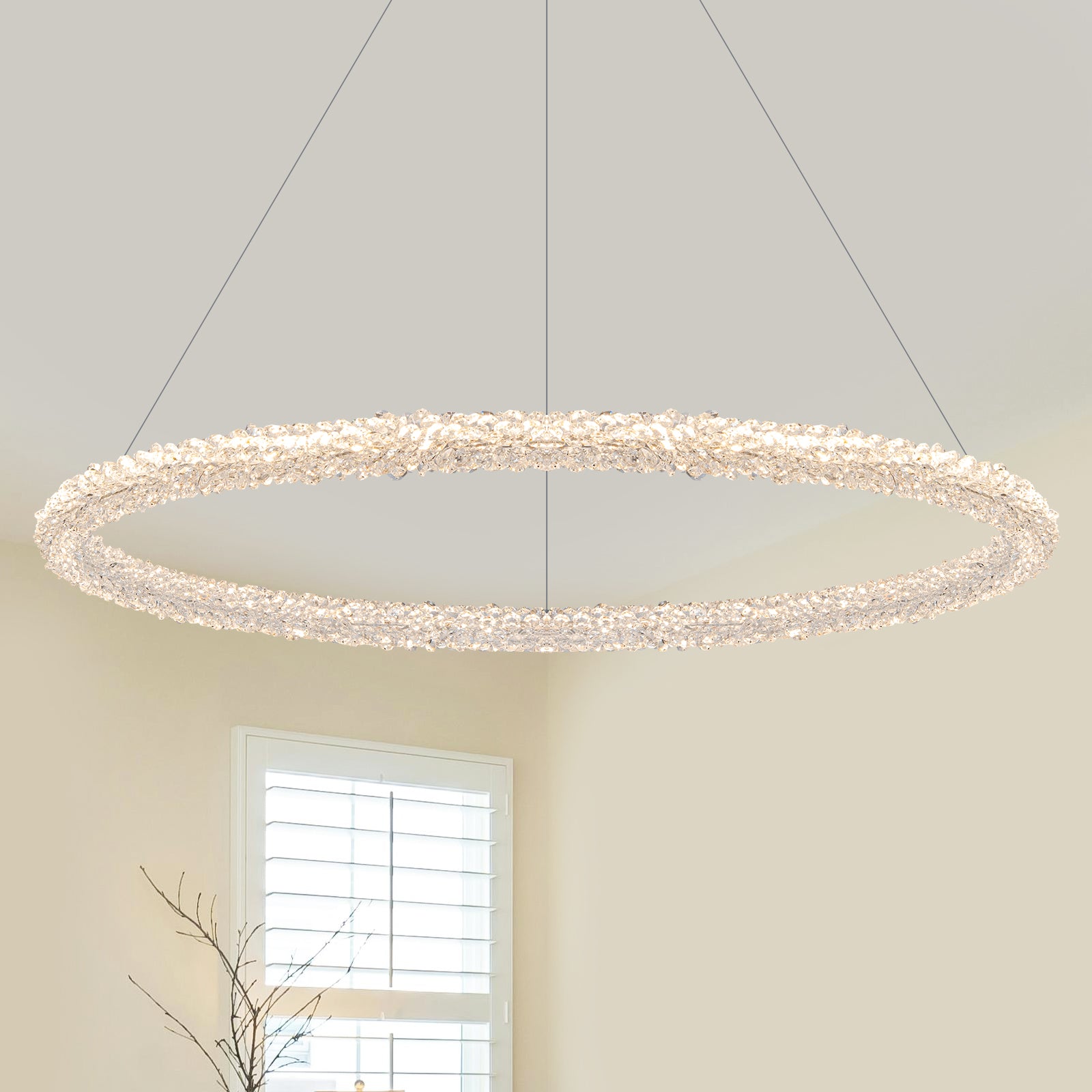 1-Light Modern Gold Metal Ring Crystal Integrated LED Pendant Light Dimmable Chandelier for Dining Room