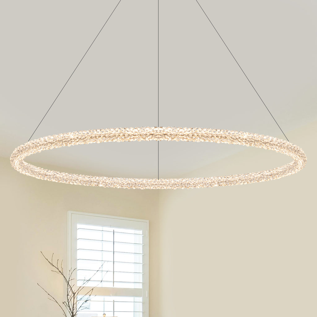 1-Light Modern Gold Metal Ring Crystal Integrated LED Pendant Light Dimmable Chandelier for Dining Room
