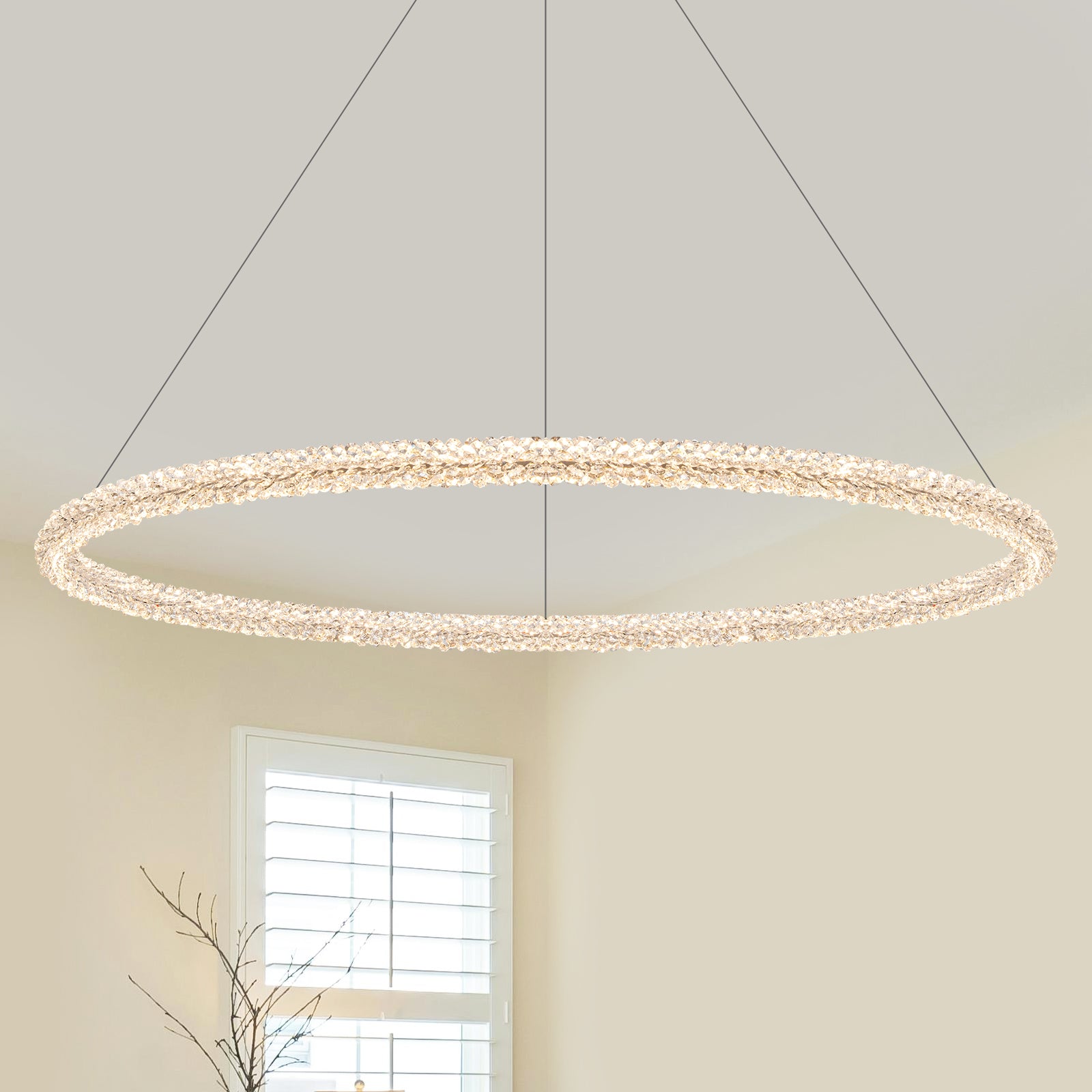 1-Light Modern Gold Metal Ring Crystal Integrated LED Pendant Light Dimmable Chandelier for Dining Room