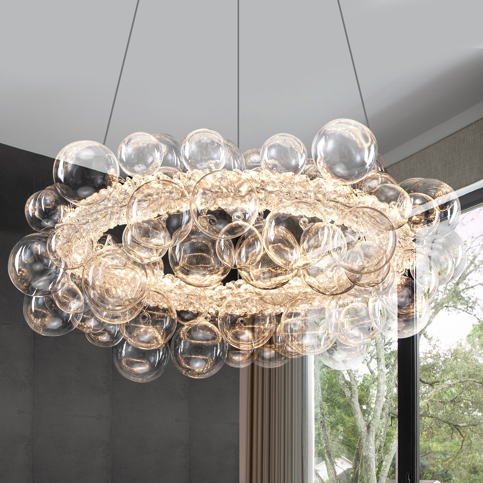 1-Light Gold Modern Round Globe Crystal Integrated LED Chandelier Dimmable Pendant Light with Glass Bubbles