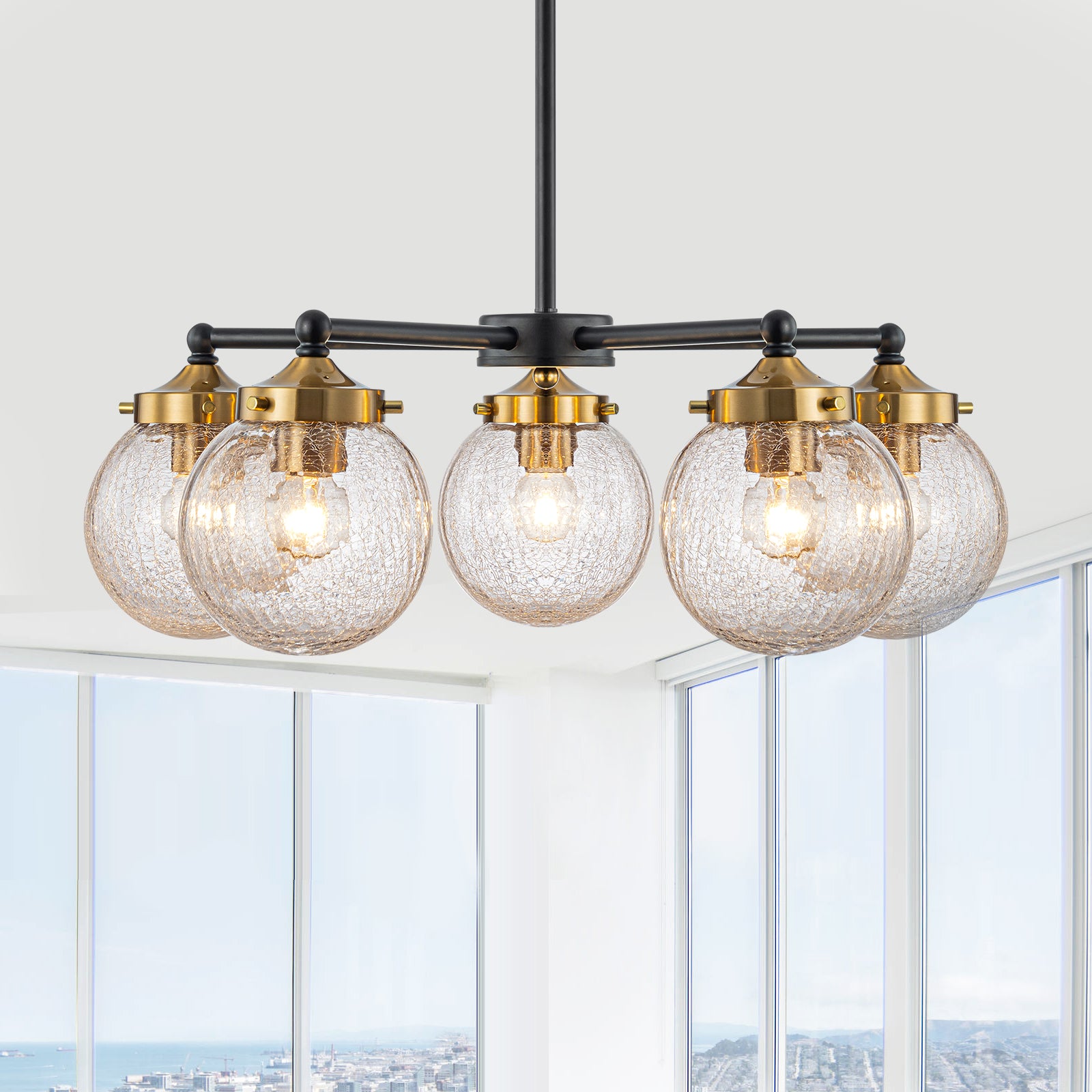 22.44 in. 5-Light Modern Black Branch Chandelier with Clear Cracked Glass Shades for Kitchen Island, Living Room