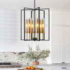 17.72 in. 6-Light Industrial Black Iron Geometric Chandelier with Clear Glass Shades for Kitchen Island Foyers Hallway