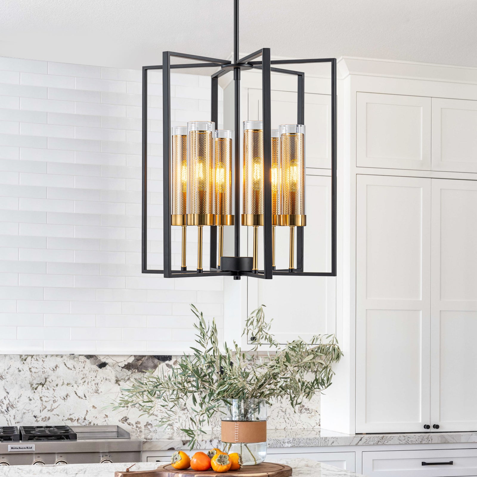17.72 in. 6-Light Industrial Black Iron Geometric Chandelier with Clear Glass Shades for Kitchen Island Foyers Hallway