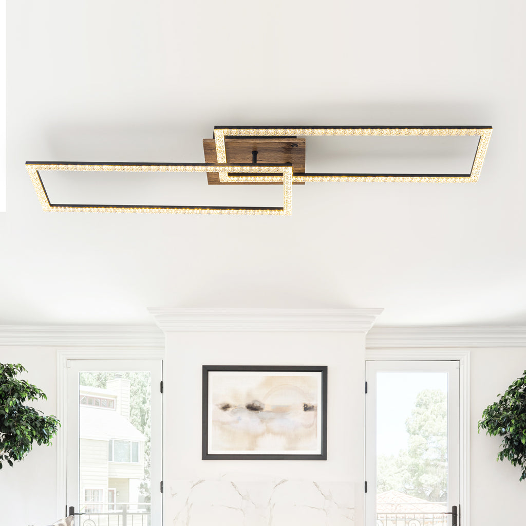 2-Light 40.55 in. Modern Black and Wood Dimmable Integrated LED Flush Mount Ceiling Light