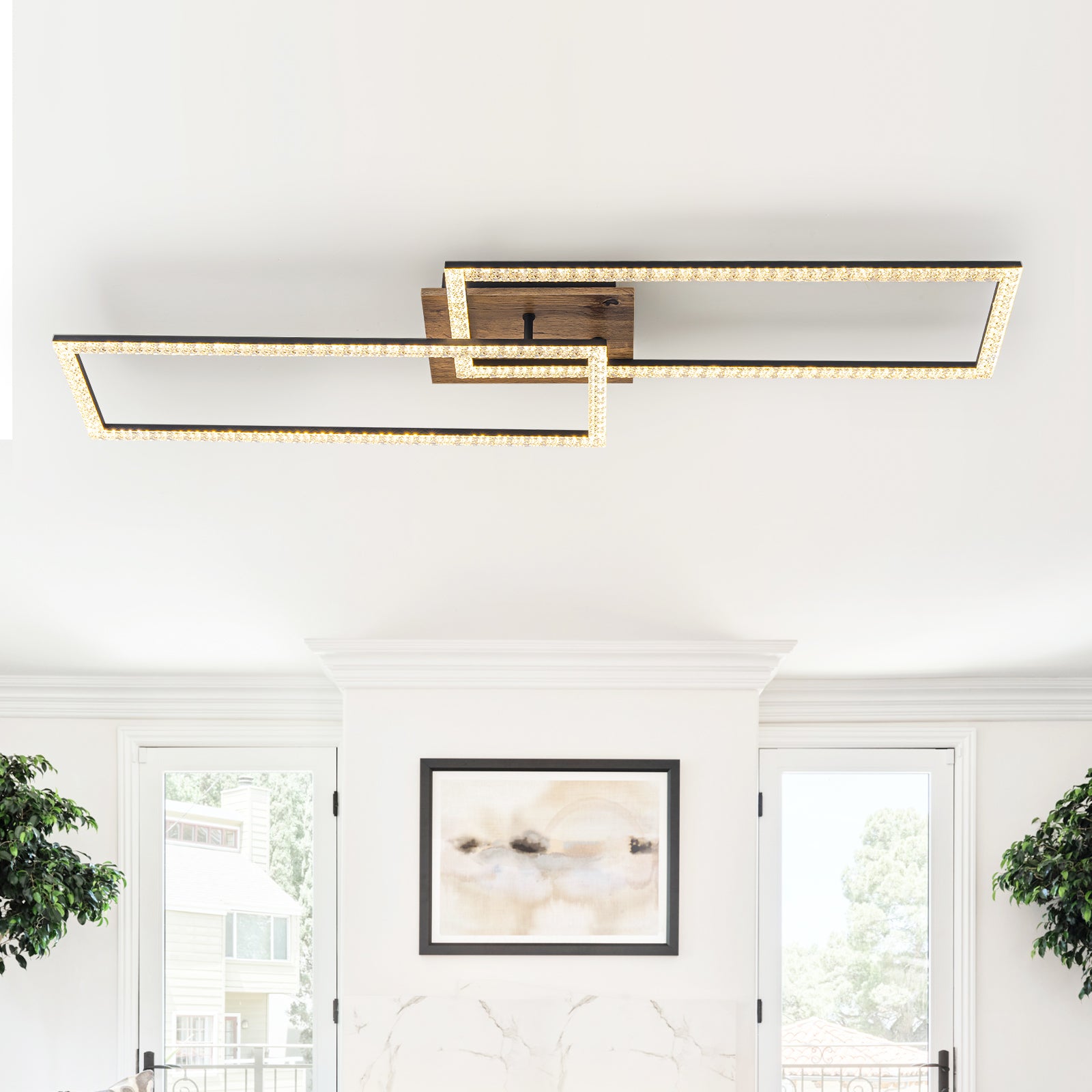 2-Light 40.55 in. Modern Black and Wood Dimmable Integrated LED Flush Mount Ceiling Light