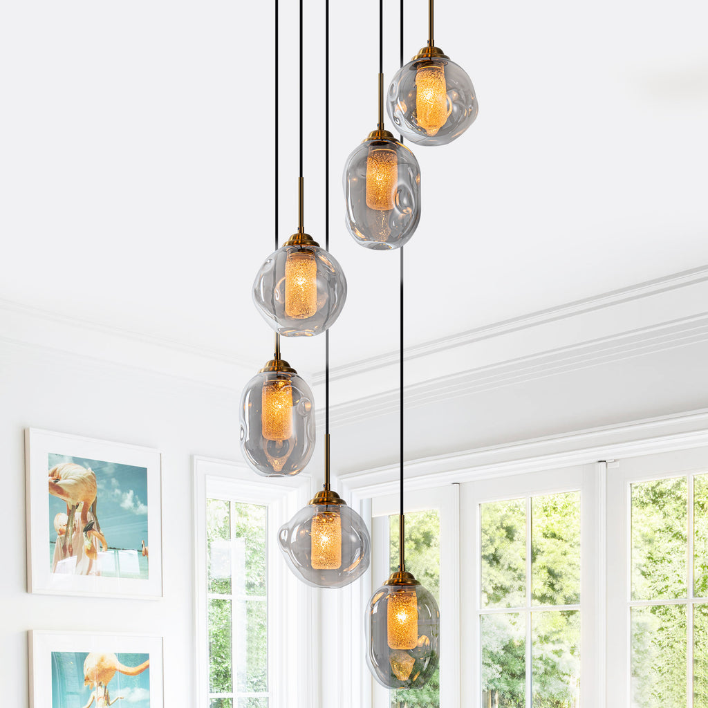 16 in. 6-Light Modern Black Staircase Chandelier Island Pendant Light with Smoky Gray Globe Glass Shade