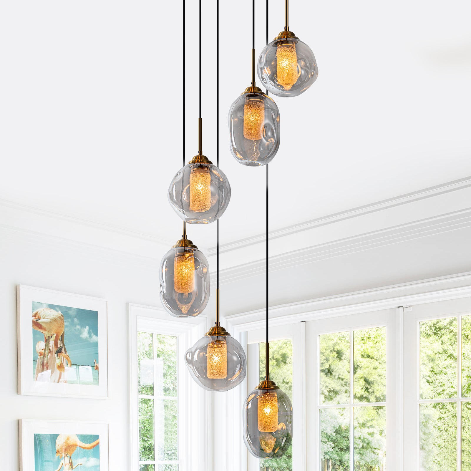 16 in. 6-Light Modern Black Staircase Chandelier Island Pendant Light with Smoky Gray Globe Glass Shade