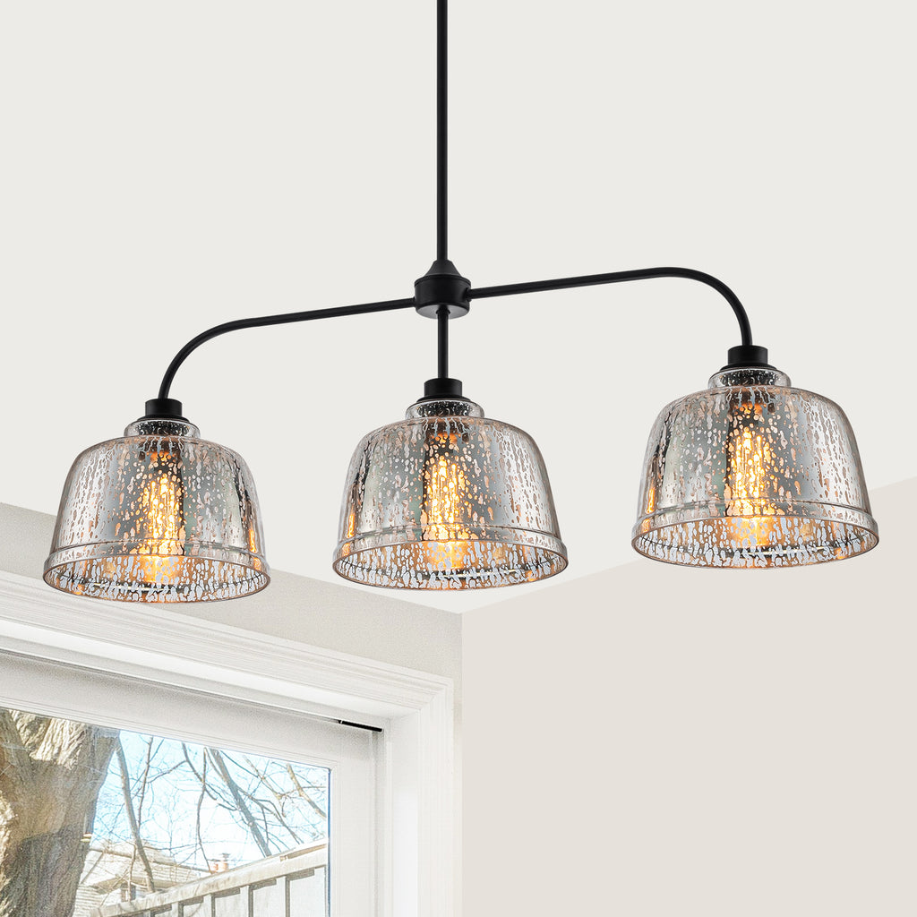 39 in. 3-Light Modern Matte Black Linear Chandelier with Textured Glass Shades for Kitchen Island