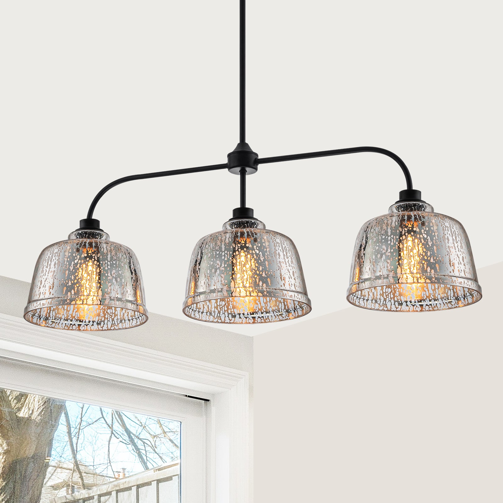 39 in. 3-Light Modern Matte Black Linear Chandelier with Textured Glass Shades for Kitchen Island